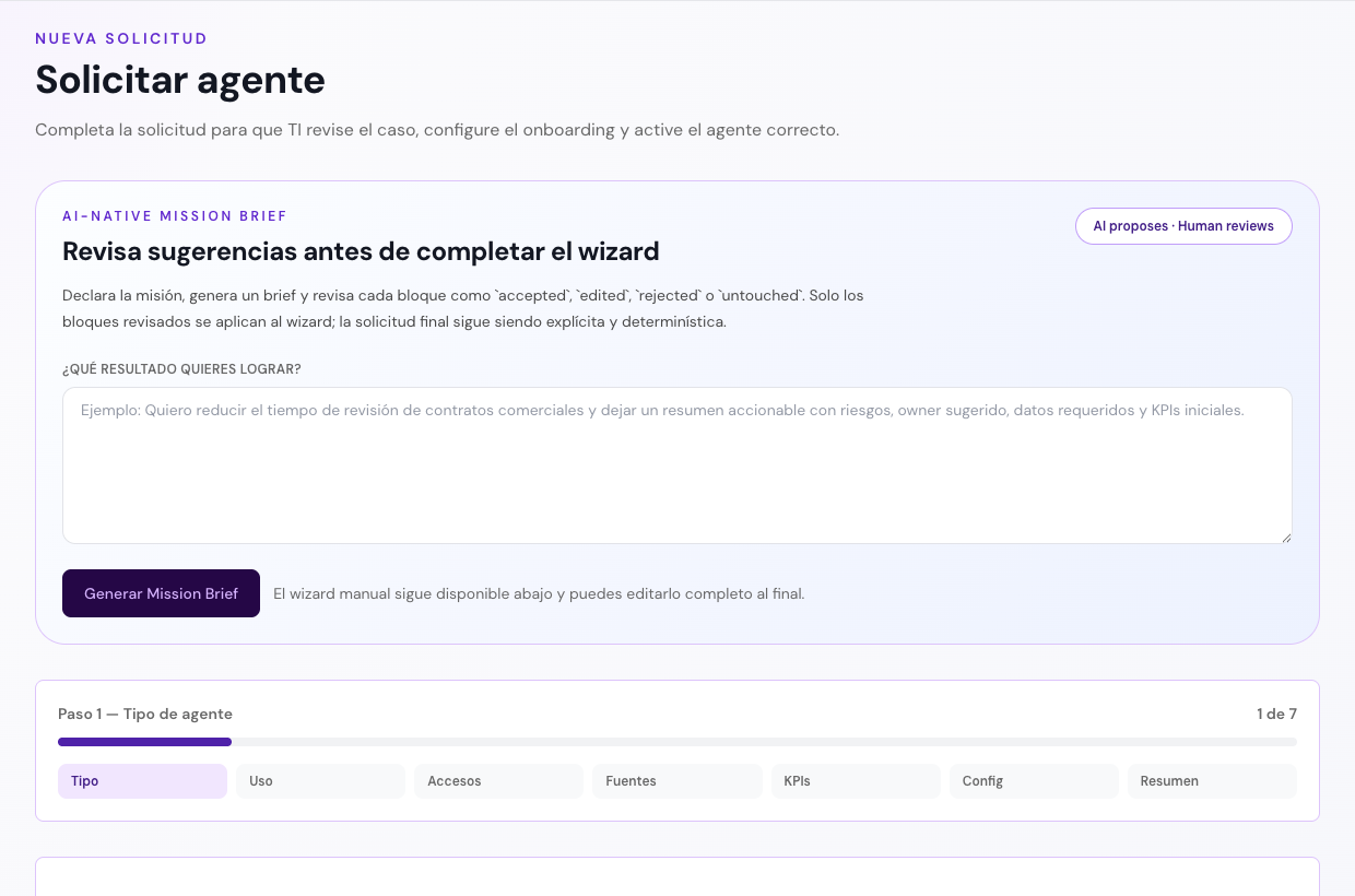 Pantalla de TernariA para solicitar agentes y evaluar readiness de negocio